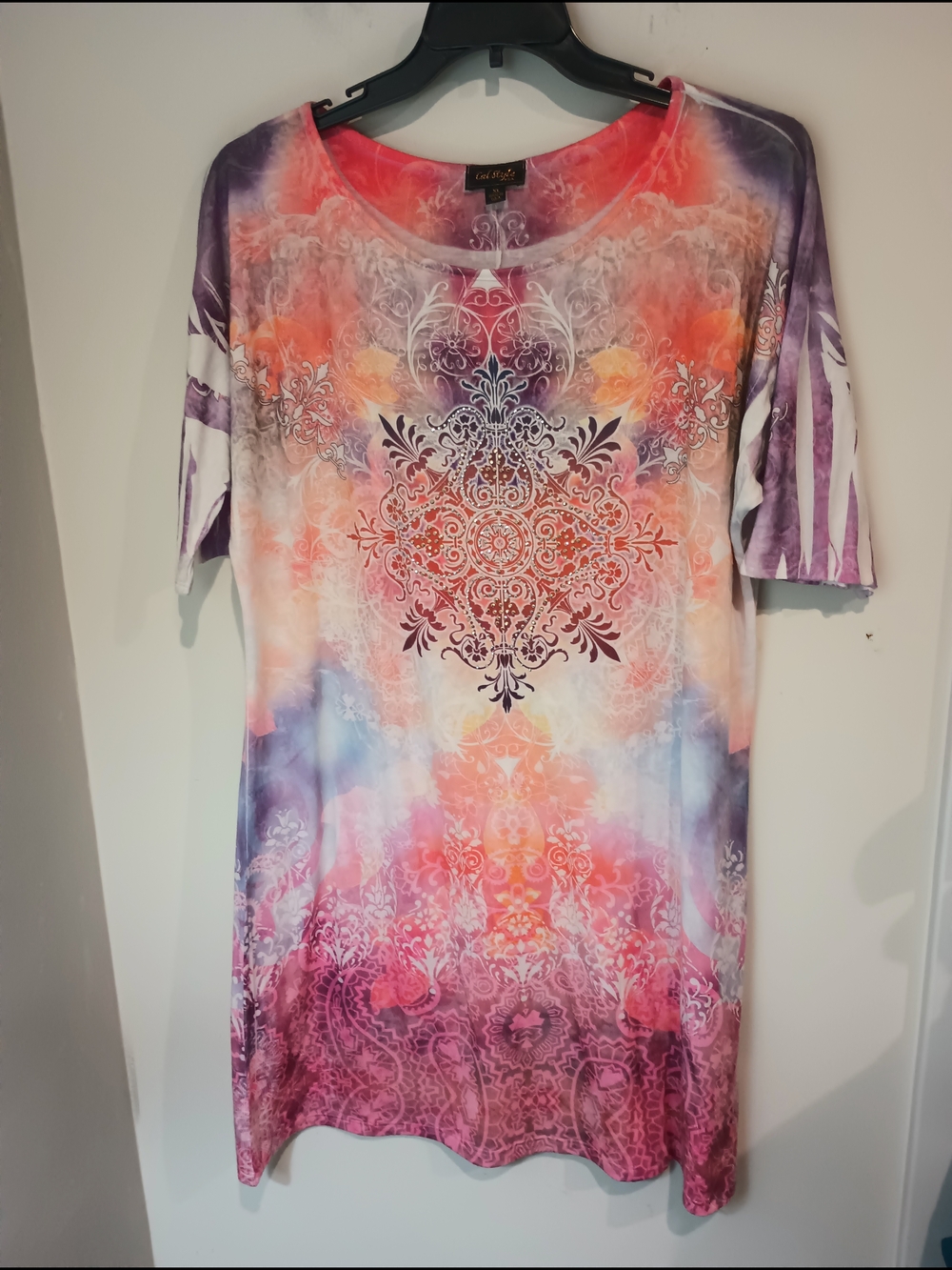 Cal Style USA Women's XL Dress Boho Rhinestone Paisley Medallion Tie Dye Tunic